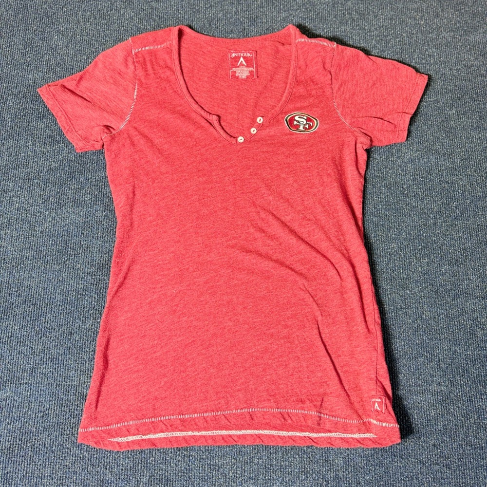 Antigua San Francisco 49ers Womens Henley Shirt Red Short Sleeve Small NFL Logo